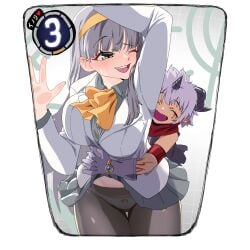 1boy 1girls absurdres aegiomon against_glass black_pantyhose black_vest chest_jewel cowboy_shot digimon digimon_(species) digimon_card_game digimon_story digimon_story:_time_stranger facial_mark female gerusyu grey_hair grey_shirt highres horns hug hug_from_behind inori_misono jacket long_hair misono_inori one_eye_closed panties panties_under_pantyhose pantyhose pointy_ears shirt short_hair shorter_male stepbrother stepbrother_and_stepsister stepsister taller_female underwear vest white_jacket white_panties