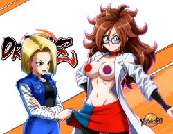 2d 2girls ai_generated android_18 android_21 android_21_(human) anime anime_character anime_eyes anime_girl anime_style arc_system_works ashamed belly_button big_breasts big_chest black_top blonde_female blonde_hair blue_dress blue_eyes brown_hair buttons dragon_ball dragon_ball_fighterz female forehead friends girl glasses grok grok_imagine hair_over_one_eye hand_on_hips joke labcoat light-skinned_female light_body light_skin logo long_hair mother multicolored_dress multicolored_pasties navel nice_body nice_tits not_porn orange_background pasties red_dress scientist sexy sexy_body short_hair showing_boobs showing_breasts showing_tits shy surprised surprised_expression topwear trusting video_game_franchise video_games vomi_(dragon_ball) white_background yallahs80 yellow_hair