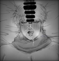 blush censored censored_penis cum cum_on_face dio_brando gay greyscale jojo's_bizarre_adventure male male_only monochrome penis phantom_blood tongue tongue_out yaoi