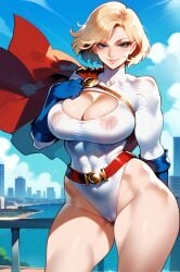 2d ai_generated belt big_breasts big_thighs blonde_hair cape city cityscape day daytime dc_comics gloves hand_on_hip leotard power_girl red_cape solo tagme white_leotard