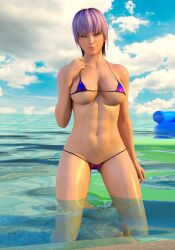 3d 3d_model ayane_(doa) beach bikini breasts dead_or_alive female female_focus female_only large_breasts outdoors purple_hair red_eyes staring_at_viewer swimsuit v1rwr