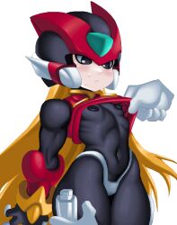 1boy android blush bodysuit femboy male_only mega_man mega_man_zero navel nipples riso robot thigh_grab thighs zero_(mega_man)