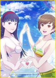 2girls amagi_yukiko atlus breasts corner50777313 female female_only looking_at_viewer open_mouth persona persona_4 satonaka_chie swimsuit tagme
