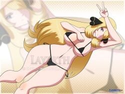 blonde_hair breasts cynthia_(pokemon) female female_only layerth looking_at_viewer nintendo pokemon solo swimsuit