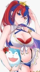 1girls alear_(female)_(fire_emblem) alear_(female)_(seaside_dragon)_(fire_emblem) alear_(fire_emblem) alternate_costume alternate_hairstyle bikini blue_bikini blue_eyes blue_hair blue_swimsuit bow bowtie breasts character_ball cleavage criss-cross_halter crossed_bangs female female_only fire_emblem fire_emblem_engage fire_emblem_heroes flower gold_armlet hair_flower hair_ornament halterneck heterochromia highres large_breasts long_hair multicolored_bikini multicolored_clothes multicolored_hair multicolored_swimsuit nintendo official_alternate_costume official_alternate_hairstyle ponytail red_bikini red_eyes red_hair red_swimsuit serafineart1001 solo sommie_(fire_emblem) split-color_hair swimsuit two-tone_hair white_bikini white_bow white_bowtie white_swimsuit