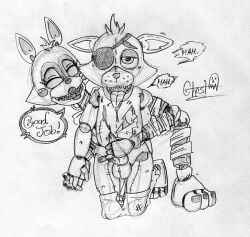 fangle female five_nights_at_freddy's five_nights_at_freddy's_2 fox foxy_(fnaf) ghost_(artist) male male/female mangle_(fnaf) mangled_mangle_(fnaf) masturbation