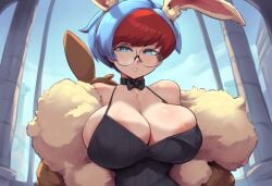 ai_generated animal_ears areola_slip blue_hair costume female huge_breasts looking_at_viewer mullon novelai penny_(pokemon) pokemon pokemon_sv red_hair two_tone_hair