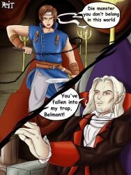 brown_hair castlevania clothed comic dracula grey_eyes male_only maledom malesub no_visible_genitalia pre-transformation red_eyes reit richter_belmont text transformation vampire white_hair