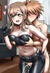 1boy 1girls :d ai_generated bent_over big_breasts black_gloves black_pants busty clothed_female_nude_male crossover cum danganronpa danganronpa:_trigger_happy_havoc grabbing_from_behind hand_on_hip heart hi_res kunikida_hanamaru large_breasts latex leather leather_pants legs love_live! love_live!_school_idol_project midriff naegi_makoto nai_diffusion narrow_waist navel open_mouth pants smile stable_diffusion sweat thigh_sex thighs toned_male tubetop