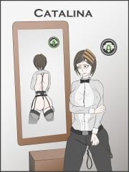 brown_hair catalina_(crossout) crossout female humanized meme mirror_reflection oracle_dominus red_eyes surprise underwear