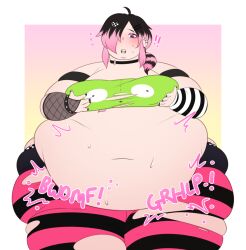 1boy big_ass big_breasts breasts bubble_butt choker chumb0ii emo femboy fishnet_gloves gir_(invader_zim) gloves huge_ass moobs overweight shocked_expression tagme tearing_clothes thick_thighs torn_clothes weight_gain wide_hips