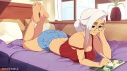 1girls animated bare_back bare_shoulders barefoot big_breasts blue_eyes breasts cleavage drawing feet female female_only glasses hair_bun head_on_hand highres indoors jean_shorts june_(squeezable) kicking_legs legs legs_up loop mole mole_on_breast mole_under_eye mp4 no_sound on_bed on_stomach round_glasses shorts smile soles solo squeezable strap_slip tablet tagme tan-skinned_female tan_body thick_eyebrows topwear video white_hair wholesome window