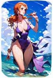 ai_generated background cute dress female female_only hoeyuga nami nami_(one_piece) ocean one_piece orange_hair post-timeskip wallpaper wet