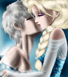 1boy 1girls crossover crossover_pairing disney dreamworks elsa_(frozen) female frozen_(film) grey_hair jack_frost jack_frost_(rise_of_the_guardians) jelsa kissing making_out male male/female paramount_pictures passionate rise_of_the_guardians straight undressing
