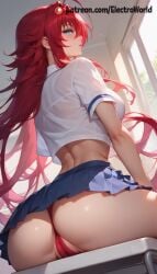 1girls ai_generated ass ass_focus big_ass blush breasts electroworld female female_focus from_behind from_behind_position high_resolution high_school_dxd open_mouth panties partially_visible_vulva rias_gremory school_uniform sitting skirt solo vagina