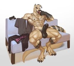 absurd_res anthro balls black_penis bodily_fluids claws edvardiko erection furniture genitals glans hi_res humanoid_genitalia humanoid_penis male muscular muscular_anthro muscular_male penis saliva scalie simple_background sitting sofa solo tail toe_claws tongue tongue_out white_body