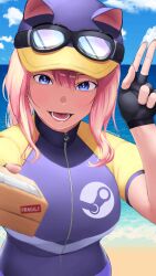 1girls blue_eyes cap clothed clothed_female female fingerless_gloves fully_clothed fully_clothed_female looking_at_viewer pink_hair steam valve_(company)