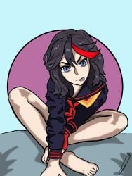 1girls artist_signature barefoot black_hair blue_eyes female female_only fully_clothed ironsiderodger kill_la_kill legs_crossed light-skinned_female light_skin matoi_ryuuko red_strand_of_hair senketsu sitting solo sticking_out_tongue