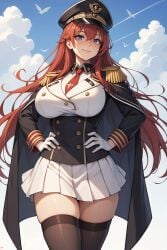 ai_generated at black breasts epaulettes eyes female gloves hair hands hat hips juswa large long looking military necktie on pleated purple red skirt sky smile solo thighhighs uniform viewer white