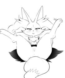 2020 anthro anus ass black_and_white blush box_(hajimeyou654) braixen canid canine chest_tuft digital_media_(artwork) female flat_chested fur genitals greyscale hi_res inner_ear_fluff legs_up looking_at_viewer lying mammal monochrome narrowed_eyes nintendo nude on_back open_mouth pillow pokémon_(species) pokemon pokemon_(species) presenting presenting_hindquarters presenting_pussy pussy simple_background smile solo spread_legs spreading tuft video_games white_background