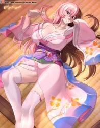 1girls artist_name big_breasts blue_kimono breasts brown_eyes brown_hair busty cleavage collarbone commentary feet_out_of_frame female female_only floral_print grin hands_up heterochromia highres hocen japanese_clothes kimono large_breasts light_blush long_hair long_sleeves looking_at_viewer lying multicolored_clothes multicolored_hair multicolored_kimono neo_(rwby) obi off_shoulder on_back orange_kimono pink_eyes pink_hair pink_kimono purple_sash rwby sash sensual single_bare_shoulder smile solo split-color_hair thick_thighs thighhighs thighs two-tone_hair variant_set vilde_loh_hocen white_thighhighs wide_sleeves yukata