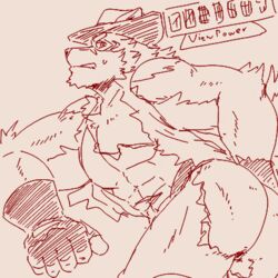 1:1 anthro ass barrel_(live_a_hero) canid canine canis clothing cowboy_hat embarrassed gloves handwear hat headgear headwear live-a-hero looking_back low_res male male_only mammal muscular muscular_anthro muscular_male run_aki sketchy solo torn_clothing wolf