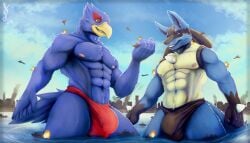 abs aircraft airplane anthro avian beak blue_body bulge canid canine city clothing detailed_bulge duo falco_lombardi fist generation_4_pokemon genital_outline green_eyes hi_res jet lucario macro male mammal muscular muscular_anthro muscular_male nintendo nipples non-mammal_nipples pecs pokemon pokemon_(species) red_eyes sea ship speedo spines star_fox swimwear tail vehicle vodcat water watercraft