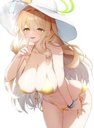 1girls alternate_costume bent_over bikini blonde_hair blue_archive blush bracelet bracelets breasts cleavage clothes_pull collarbone female female female_only front-tie_bikini_top front-tie_top green_eyes green_halo halo hanging_breasts hat huge_breasts large_ass large_thighs leaning_forward long_hair looking_at_viewer navel nonomi_(blue_archive) nonomi_(swimsuit)_(blue_archive) official_alternate_costume panties_pull panty_pull pointing simple_background smiling solo sun_hat swimsuit thighs white_background yellow_bikini