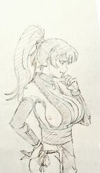 1girls big_breasts busty dead_or_alive female female_only from_side hand_on_hip hi_res japanese_clothes kasumi_(doa) monochrome ponytail pose posing smile solo traditional_media_(artwork) voluptuous