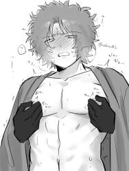 blush clenched_teeth disembodied_hands embarrassed gintama looking_down looking_pleasured male male_only monochrome mukai00_2 nipple_pinch nipple_play nipple_tweak nipples sakamoto_tatsuma solo_focus sweat twitching