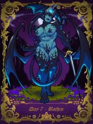 3:4 abs absurd_res ars_goetia bangboodoragon bathin_(goetia) big_breasts black_body black_wings blue_body blue_eyes blue_fire blue_sclera breasts colored_fire demon demon_humanoid english_text eyelashes fangs female fire flower front_view genitals grass head_wings hi_res holding_melee_weapon holding_object holding_sword holding_weapon horn horned_humanoid humanoid humanoid_pointy_ears lesser_key_of_solomon living_tail long_nails looking_at_viewer melee_weapon membrane_(anatomy) membranous_wings moon nails naturally_censored navel nude open_mouth plant pupils purple_background pussy reptile scalie sharp_nails simple_background slit_pupils snake snake_tail solo spikes spikes_(anatomy) sword tail tailed_humanoid teeth text thick_thighs unusual_anatomy unusual_tail weapon wide_hips wings