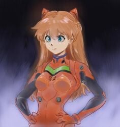 1girls asuka_langley_sohryu blue_eyes bodysuit breasts brown_hair curvy female female_only hands_on_hips highres long_hair medium_breasts neon_genesis_evangelion plugsuit pose posing solo twintails