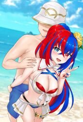 1boy 1girls absurdres alear_(female)_(fire_emblem) alear_(female)_(seaside_dragon)_(fire_emblem) alear_(fire_emblem) alternate_costume alternate_hairstyle bikini blue_bikini blue_eyes blue_hair blue_nails blue_swimsuit breasts bucket_hat cleavage commission couple criss-cross_halter crossed_bangs faceless faceless_male female female_only fingernails fire_emblem fire_emblem_engage fire_emblem_heroes flower hair_flower hair_ornament halterneck hat heterochromia highres igni_tion kiran_(fire_emblem) kiran_(male)_(fire_emblem) large_breasts long_fingernails long_hair multicolored_bikini multicolored_clothes multicolored_hair multicolored_swimsuit nail_polish nintendo non-web_source official_alternate_costume official_alternate_hairstyle ponytail red_bikini red_eyes red_hair red_swimsuit split-color_hair straight swimsuit two-tone_hair v white_bikini white_swimsuit yellow_flower