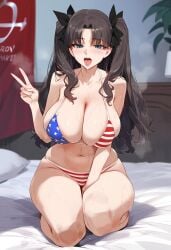 1girls ai_generated alternate_breast_size american_flag_bikini fate/stay_night fate_(series) female female_only peace_sign solo tohsaka_rin