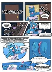 angry bodily_fluids brionne comic dialogue door door_slam duo english_text female feral flashback genitals hi_res lying nintendo not_a_furfag pokémon_(species) pokemon pokemon_(species) profanity purple_eyes pussy salandit tears text video_games