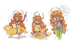 cavitees clothed_exposure corruption crown femsub furry horns jewelry koopa long_hair long_tongue mario_(series) nintendo open_mouth orange_hair princess princess_peach super_mario_bros. tongue tongue_out underboob white_background