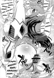 anal anal_sex anus breasts censored clenched_teeth female highres junketsu kamui_(kill_la_kill) kill_la_kill kiryuuin_satsuki large_breasts leotard leotard_aside long_hair monochrome nuezou revealing_clothes sex solo_focus teeth translated