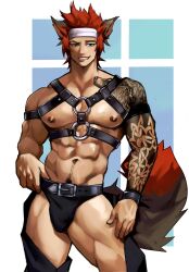 1boy abs animal_ears arm_tattoo black_hair bulge chaps cocky final_fantasy final_fantasy_xiv harness headband looking_at_viewer male male_only miqo'te muscular muscular_arms muscular_chest muscular_thighs naughty_face nipple_piercing nipples pecs pubic_hair red_hair smile smiling_at_viewer smirk smirking_at_viewer smug solo solo_male standing tail tattoo teeth thombrownie toothy_grin topless tosetsu two_tone_hair underwear