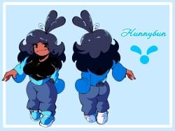 big_ass big_breasts black_shirt blue_hair blue_jacket blue_shoes bunny_ears bunny_girl bunny_tail cj/hunnybun(hunnybunarts) curvy curvy_figure hunnybunarts reference_sheet smile voluptuous