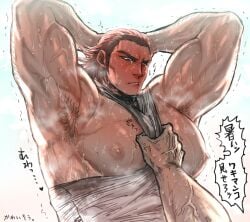 armpit armpit_fetish armpit_hair armpits bara big_breasts big_chest big_pecs blush bubble_pecs dialogue drakengard inuard_(drakengard) male male_only msiacnhi muscular muscular_arms muscular_male nipples red_hair redhead_hair sweat sweating sweaty sweaty_armpits sweaty_body