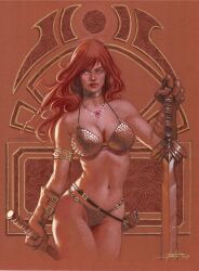 1girls bra choker closed_mouth curvy fair_skin female female_only human human_female lucastrati navel necklace open_eyes red_hair red_sonja signature solo sword weapon