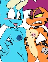2017 4_fingers absurd_res anthro big_breasts blush blushing bone_frill breast_size_difference breast_squish breasts ceratopsian colored comparing comparing_breasts cute dinosaur duo edited_image edited_official_artwork eyebrows eyelashes female frill head_frill hi_res jurassiczalar mammal navel nipples non-mammal_breasts nude pussy raptor roxie_(jurassiczalar) roxie_raptor roxy_(jurassiczalar) scalie simple_background small_breasts theropod toony triceratops trixie_triceratops yuri