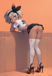 ai_generated ass bea_(pokemon) bedoyasanti834 bent_over dark-skinned_female high_heels looking_at_viewer pokemon pokemon_ss presenting_pussy short_hair skirt thighhighs