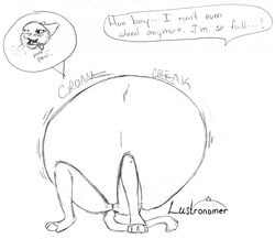 anthro anus belly bethesda_softworks big_belly blush bottle breath dialogue felid female hyper hyper_belly immobile inflation katia_managan khajiit lustronomer lying mammal monochrome on_back panting prequel simple_background solo sound_effects speech_bubble text the_elder_scrolls tongue tongue_out video_games webcomic