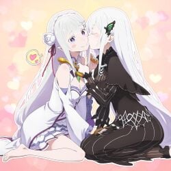 2girls ai_generated aivime echidna_(re:zero) elf elf_female emilia_(re:zero) kissing kissing lesbian_couple lesbian_kiss long_hair purple_eyes re:zero_kara_hajimeru_isekai_seikatsu white_hair yellow_eyes yuri yuri