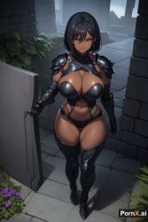 1girls ai_generated armor armored_boots armored_gloves castle dark-skinned_female dark_skin full_body huge_ass huge_breasts large_breasts milf muscular_female pornx.ai round_ass seductive_smile short_hair standing straight_hair thick_thighs