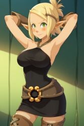 ai_generated ankama armpits arms_behind_head arms_up big_breasts cra elf_ears elf_female evangelyne green_eyes pointy_ears sideboob thick_thighs wakfu yellow_hair