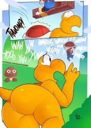 1boy anthro artist_name ass ass_focus big_ass black_eyes blue_sky blush cloud comic day embarrassed english_language english_text fallen_down femboy fleeing flying_sweatdrops from_behind girly goomba grass huge_ass jumping koopa koopa_troopa large_ass lying male male_only mario mario_(series) nintendo nose_blush nude open_mouth outdoors pearltearizzy scalie shell shiny shiny_skin signature sky solo speech_bubble standing surprised tail tears text thick_thighs thighs turtle wide_hips
