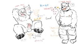 11768hoshi 16:9 anthro balls blush canid canine canis domestic_dog drawpile erection foreskin genitals hands_behind_head hi_res japanese_text male male_only mammal moritaka musclegut nipples pawpads pecs penis sketch_page slightly_chubby solo text tokyo_afterschool_summoners video_games widescreen