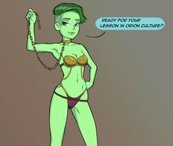 1girls 2019 abs alien arm_up bikini cameltoe chains choker cleavage collar collarbone d'vana_tendi english_text female female_only femsub fetish freckles green_eyes green_hair green_skin hand_on_hip hi_res humanoid looking_at_viewer midriff navel orion_(species) orion_slave_girl requesting_domination revealing_clothes short_green_hair slave_bikini solo speech_bubble star_trek star_trek_lower_decks text undercut